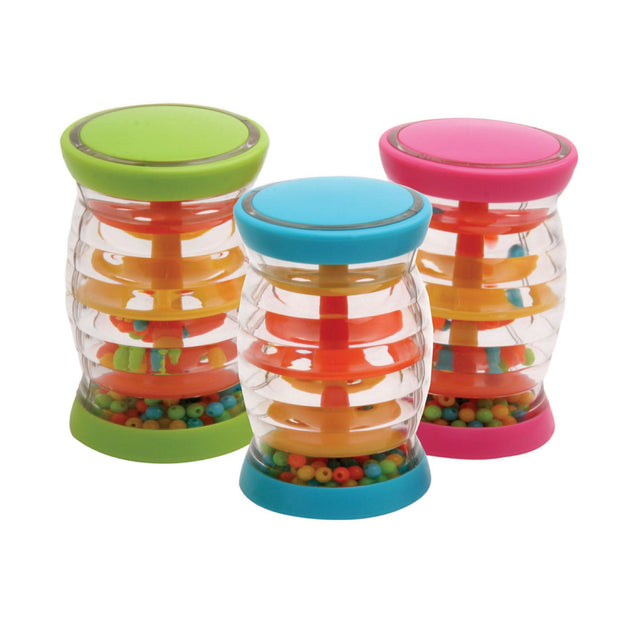 Three colorful Tube Shaker toys with textured grips and beads inside, designed for children ages 6+ months.