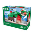 Train Garage by BRIO with a green roof and red door that opens for trains to rest or pass through, suitable for ages 3+.
