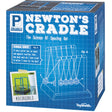 Newton's Cradle packaging box showing a blueprint design and a photo of the classic desktop physics toy.