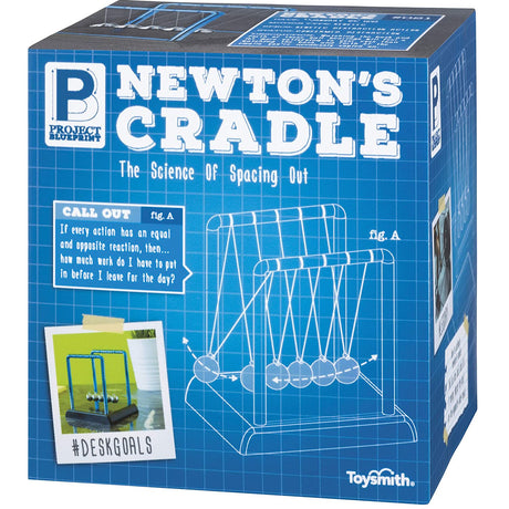 Newton's Cradle packaging box showing a blueprint design and a photo of the classic desktop physics toy.