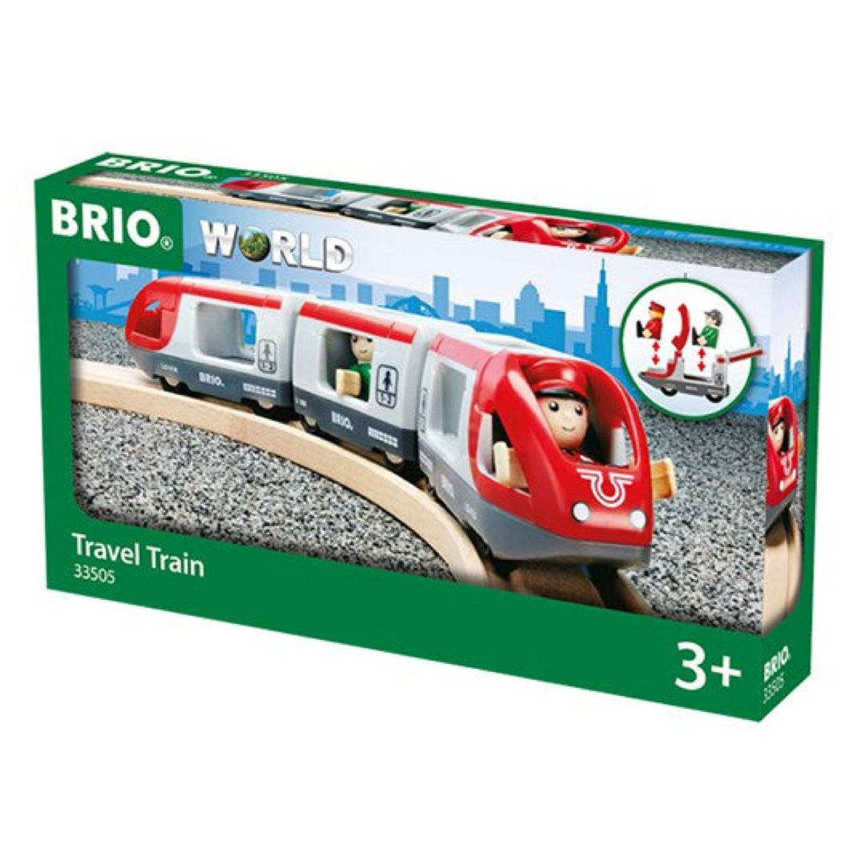 Travel Train toy set with red passenger train, driver figure, and wagons on wooden track for ages 3 and up.