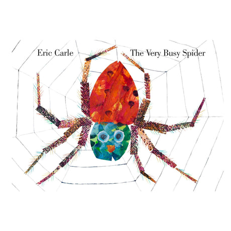 The Very Busy Spider book cover showing a colorful spider on its web by Eric Carle.