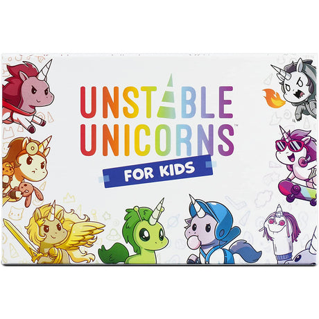 Unstable Unicorns Kids Edition game box featuring colorful unicorn characters designed for young players and family fun.