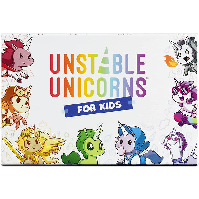 Unstable Unicorns Kids Edition game box featuring colorful unicorn characters designed for young players and family fun.