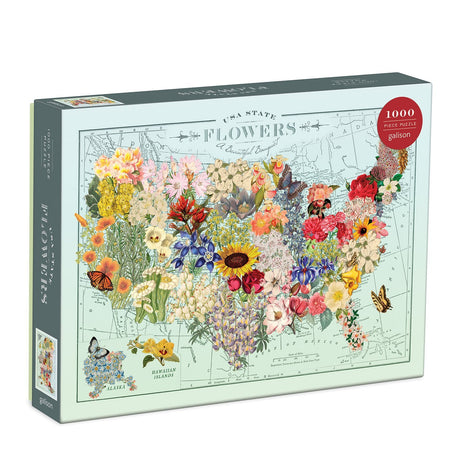 1000pc USA State Flowers Puzzle featuring a colorful map of US states with each state’s flower illustrated beautifully.