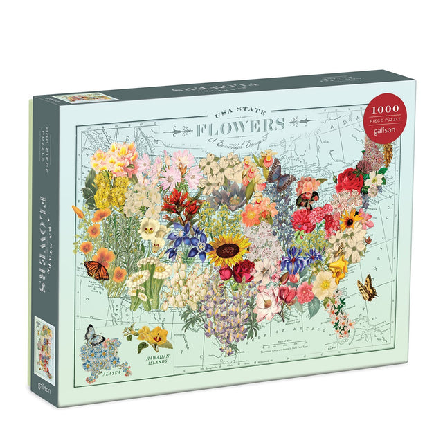 1000pc USA State Flowers Puzzle featuring a colorful map of US states with each state’s flower illustrated beautifully.
