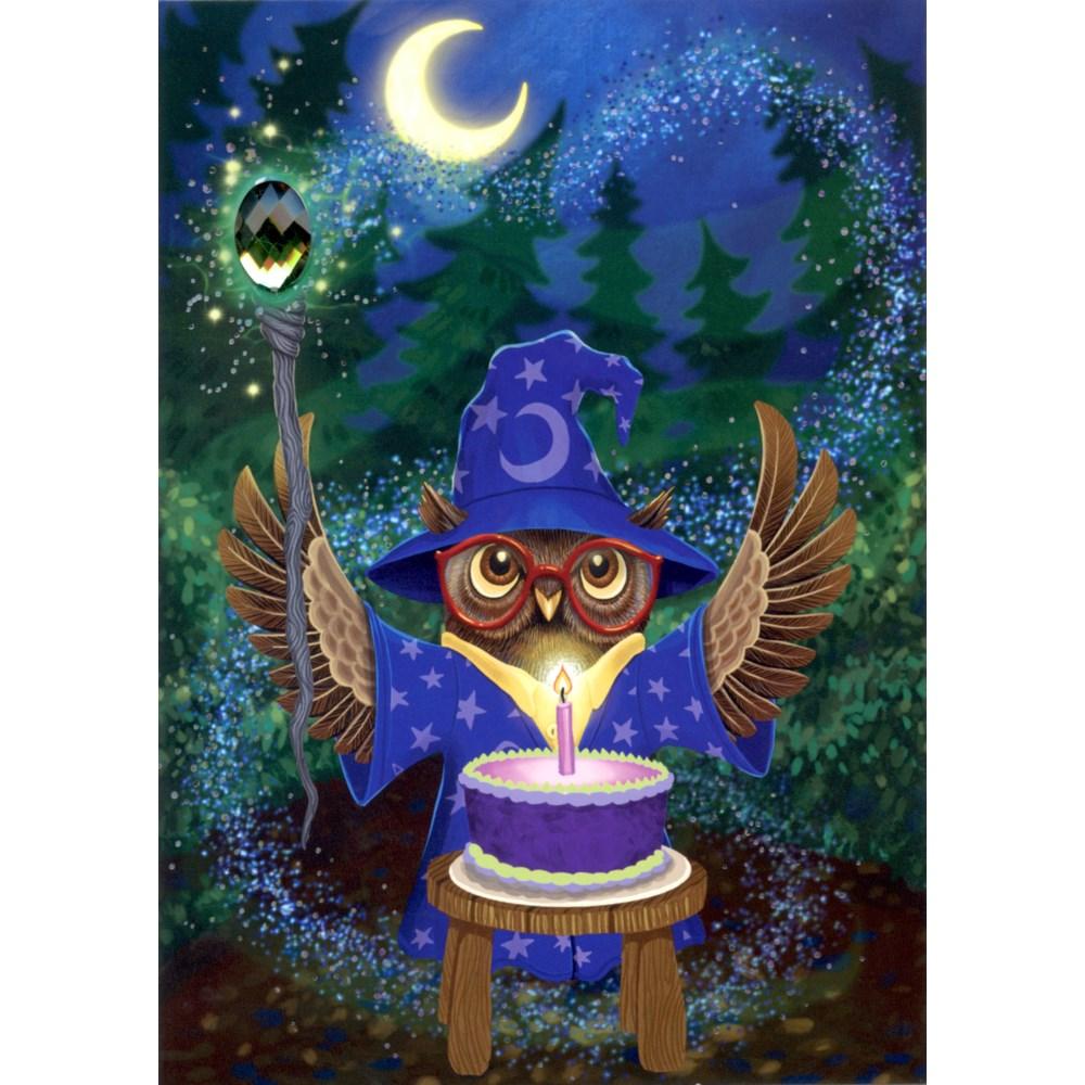 Wizard Owl Jewel Card featuring a magical owl in a wizard hat with a glowing staff and birthday cake under a crescent moon.