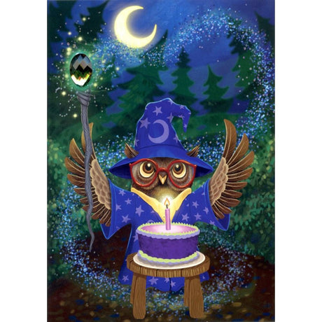 Wizard Owl Jewel Card featuring a magical owl in a wizard hat with a glowing staff and birthday cake under a crescent moon.
