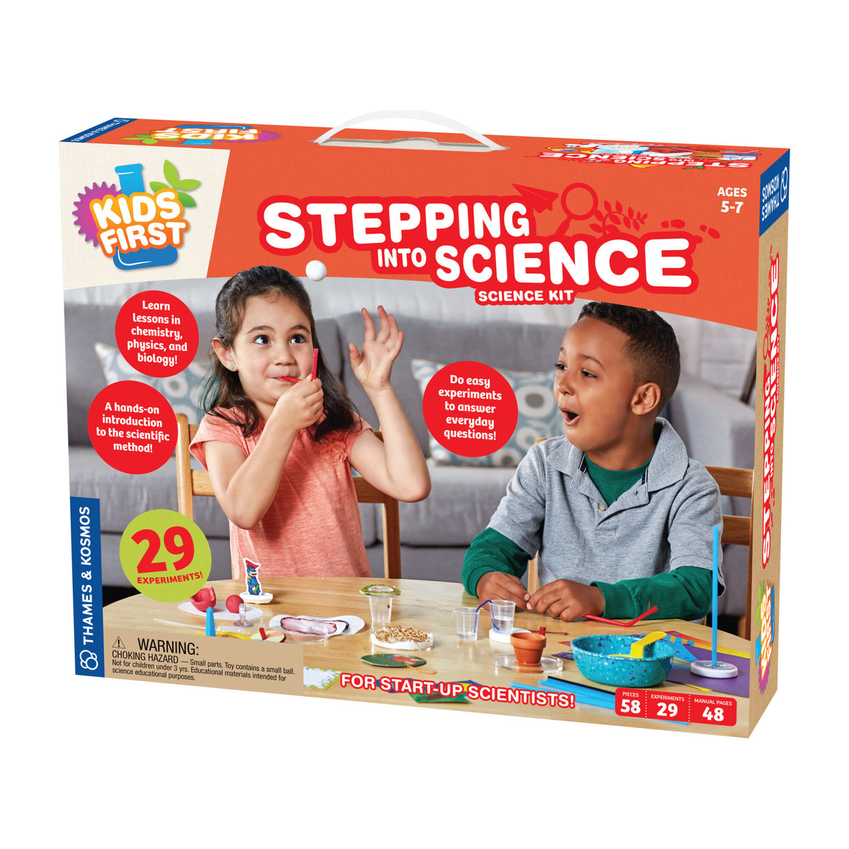 Stepping into Science kit with kids doing hands-on experiments for ages 5-7 exploring chemistry, physics, and biology.