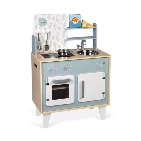 Plume Kitchen Cooker wooden kids kitchen set with induction hob, oven, sink, and accessories in blue and grey tones.
