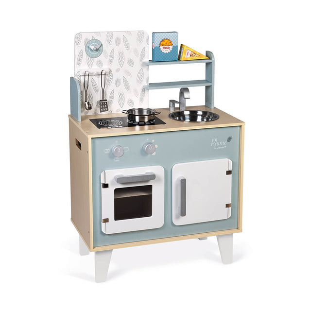 Plume Kitchen Cooker wooden kids kitchen set with induction hob, oven, sink, and accessories in blue and grey tones.