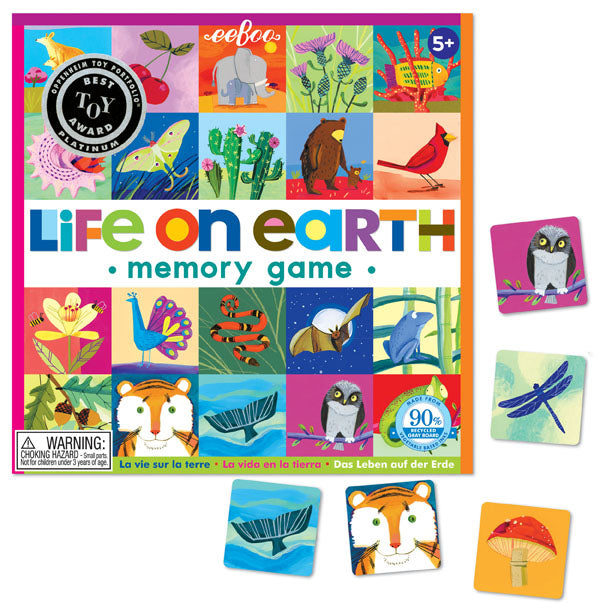 Life on Earth Memory Game box and colorful tiles featuring animals and plants to sharpen memory skills for ages 5 and up.