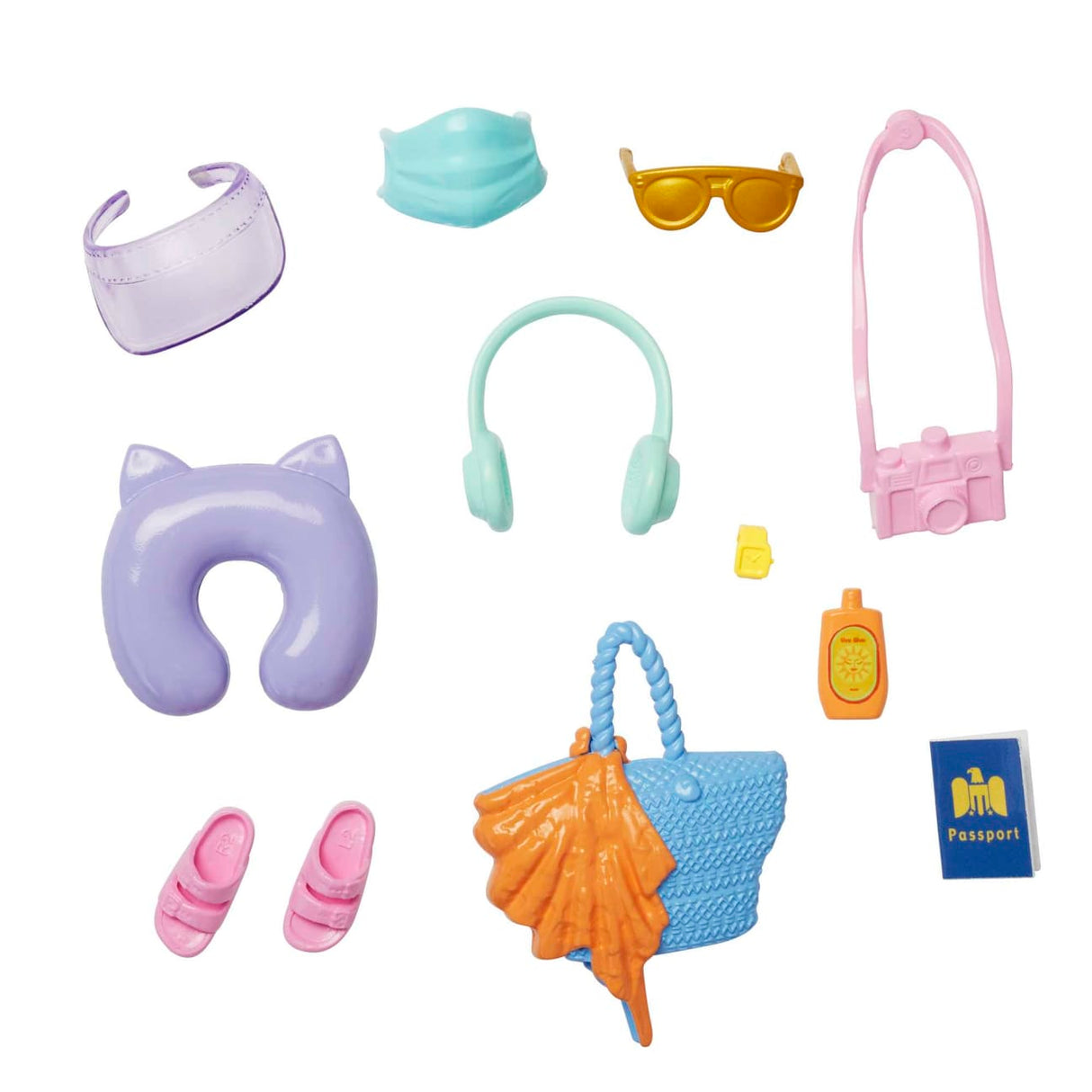 Barbie Fashion Accessories with travel-themed items including sunglasses, mask, headphones, suitcase, shoes, and passport.