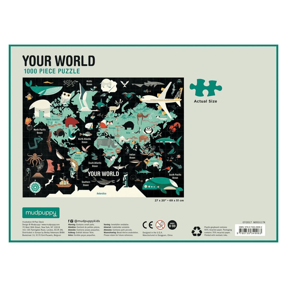 1000pc Your World Puzzle featuring a colorful animal world map, vibrant family activity, perfect for ages 8-99.