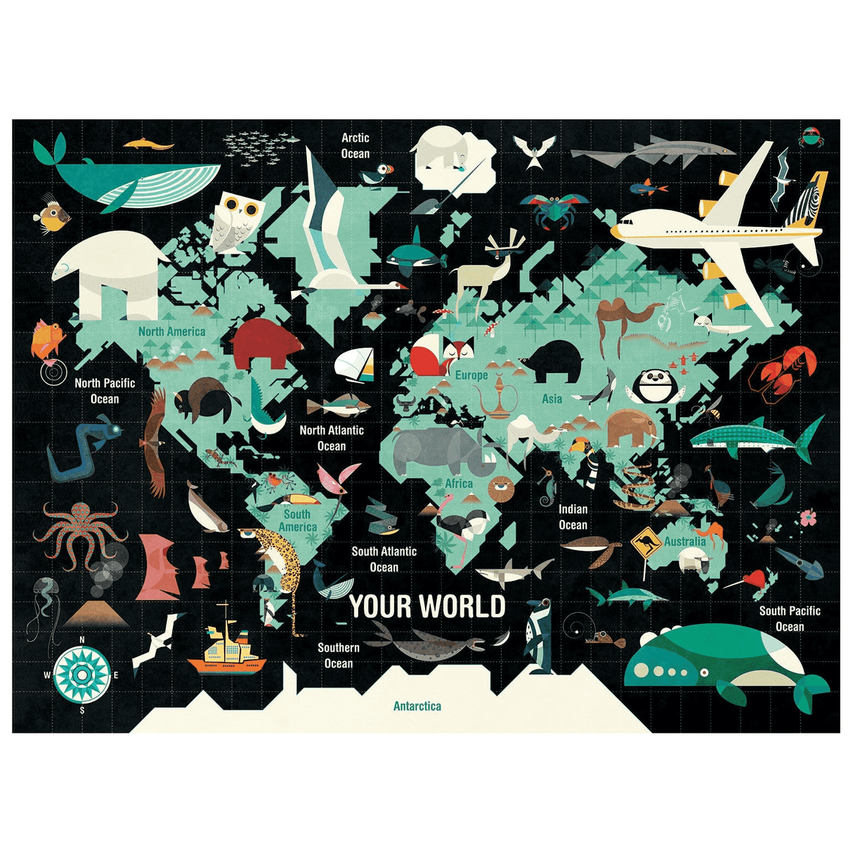 1000pc Your World Puzzle featuring colorful animals and landmarks on a world map for family fun and learning.