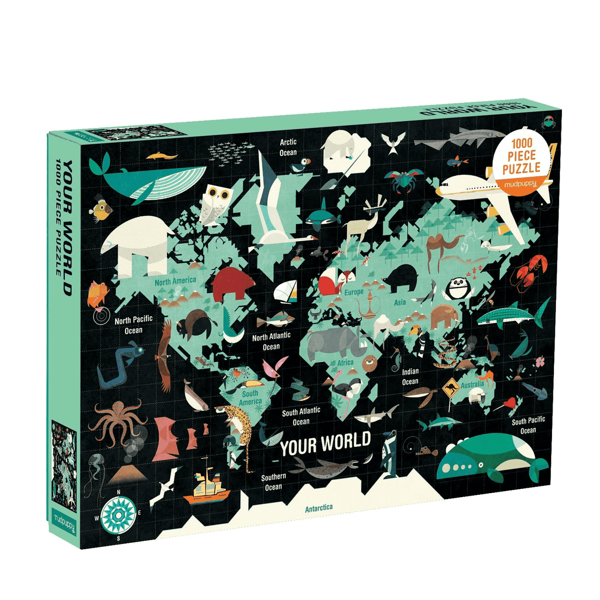 1000pc Your World Puzzle featuring colorful animals on a world map, perfect family activity and gift.