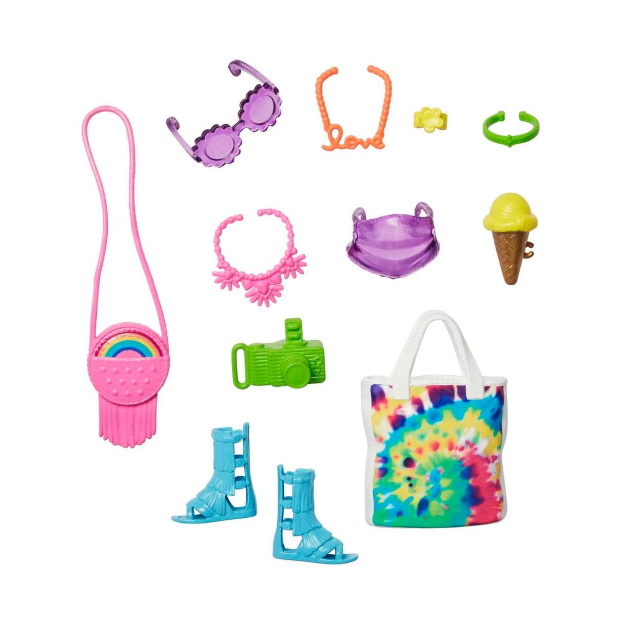Barbie Fashion Accessories with sunglasses, bags, shoes, jewelry, and playful fashion items for doll styling and storytelling.