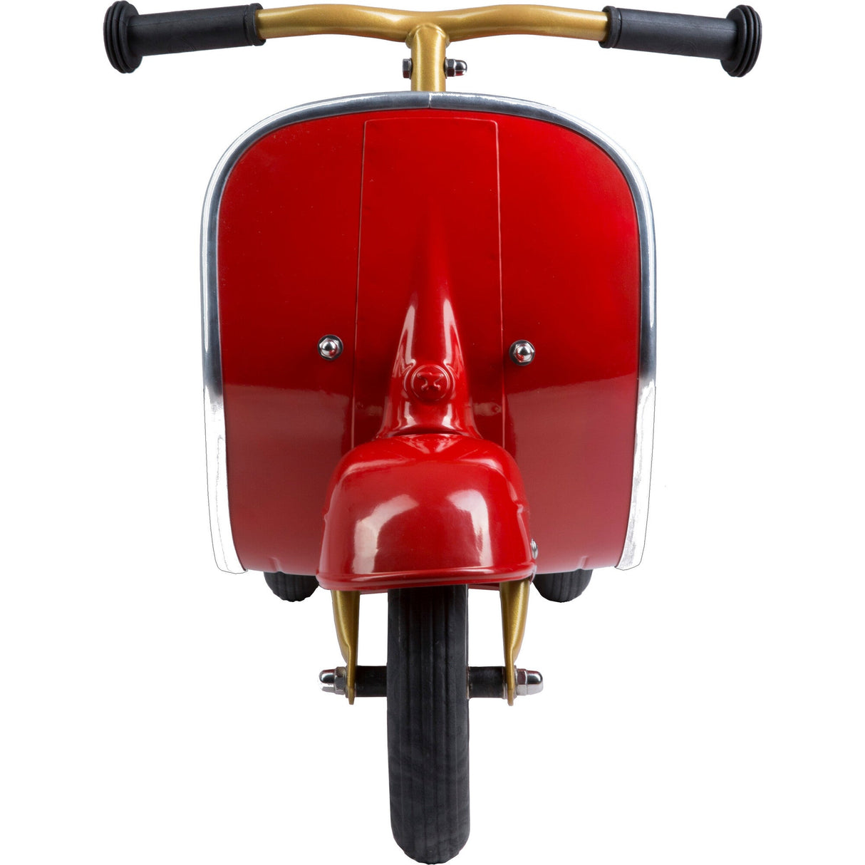 Front view of the Primo Ride On Red toddler scooter with durable metal frame and classic vintage design.