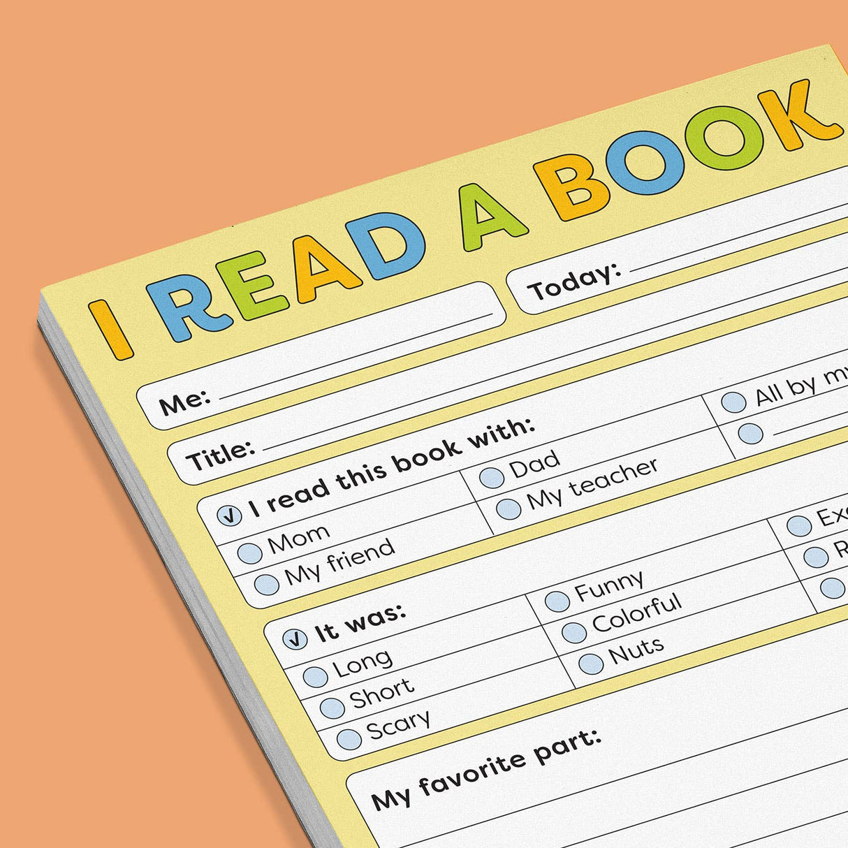 Colorful kids’ reading journal pad with spaces to fill in book details, companions, and favorite parts on a yellow background.