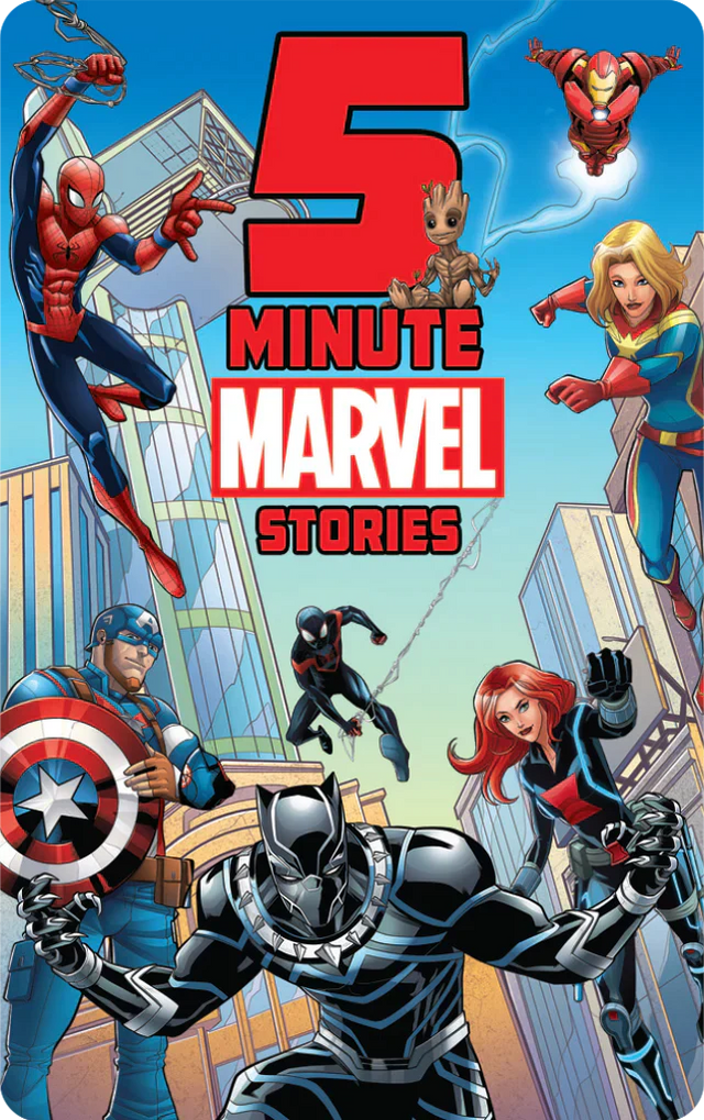 Dynamic Marvel superheroes including Spider-Man, Black Panther, Captain America, and Captain Marvel in action on a city background