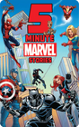Dynamic Marvel superheroes including Spider-Man, Black Panther, Captain America, and Captain Marvel in action on a city background