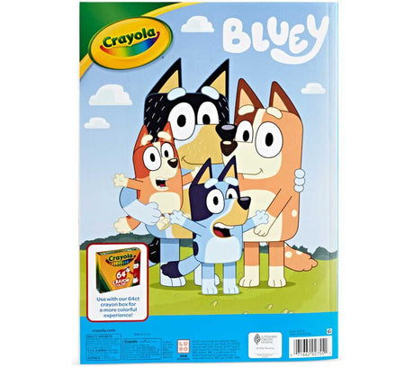 Back cover of Bluey Coloring Book showing Bluey characters with Crayola branding for kids' coloring fun