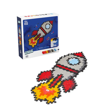 Plus Plus Puzzle by Number | Rocket showing completed rocket design with flames made of colorful puzzle pieces
