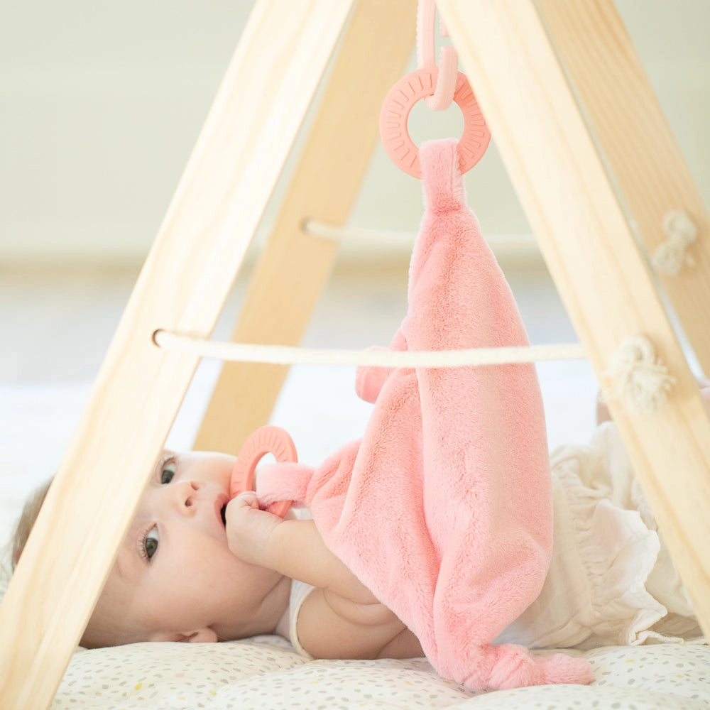 Infant lying under wooden play gym chewing soft pink plush teether buddy with silicone ring.