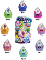 Eight colorful interactive Aqua Pets toys each with unique characters and names displayed on packaging and near.