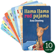 Stack of ten colorful Yoto Cards featuring the Llama Llama book collection with the title Llama Llama red pajama visible