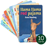 Stack of ten colorful Yoto Cards featuring the Llama Llama book collection with the title Llama Llama red pajama visible