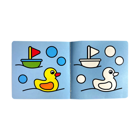 Our Day Coloring Book showing simple outlined boat and duck illustrations with color guides for kids.