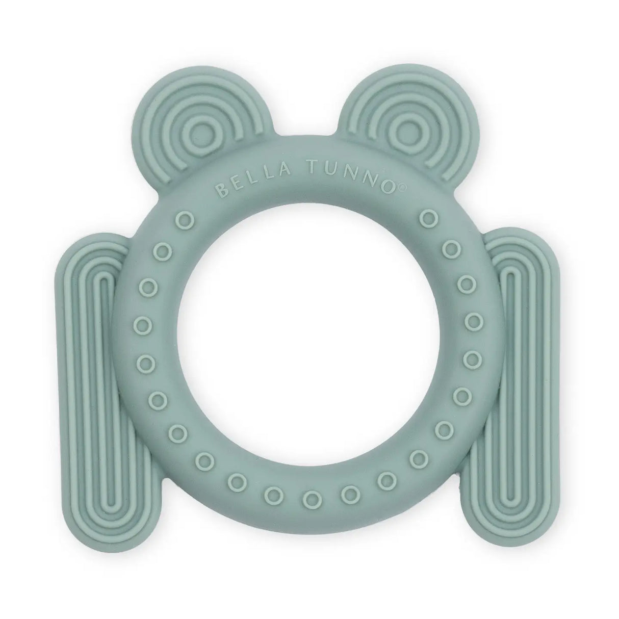 Soft silicone frog-shaped teether with textured surfaces designed to soothe and engage babies’ gums and fingers.