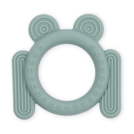 Soft silicone frog-shaped teether with textured surfaces designed to soothe and engage babies’ gums and fingers.