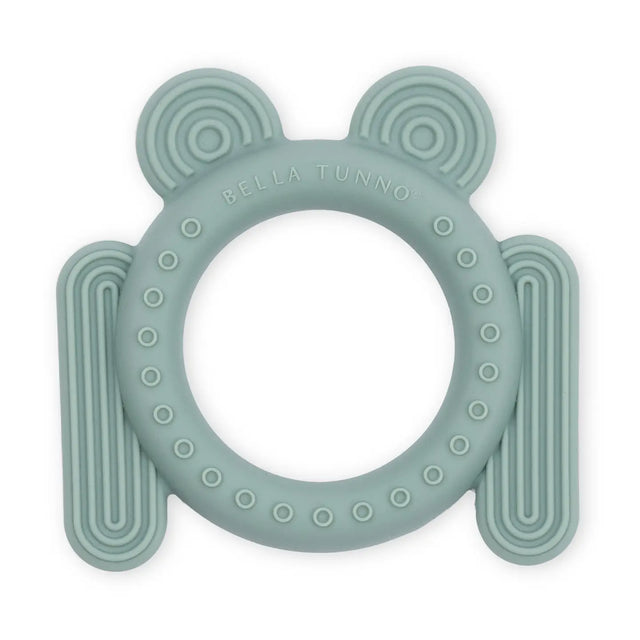 Soft silicone frog-shaped teether with textured surfaces designed to soothe and engage babies’ gums and fingers.