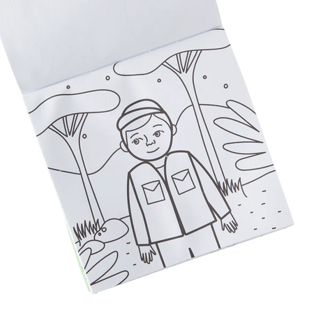 Carry Along On Safari coloring book open to a safari explorer page, perfect for kids to color on the go.