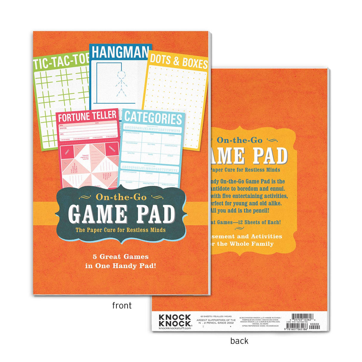 On-the-Go Game Pad with five classic paper games including Hangman, Tic-Tac-Toe, and Dots and Boxes for all ages.