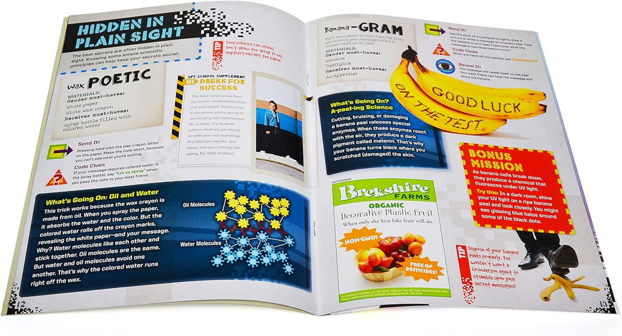 Open Spy School Secret Ciphers activity book showing colorful pages with codes, science facts, and spy challenges.