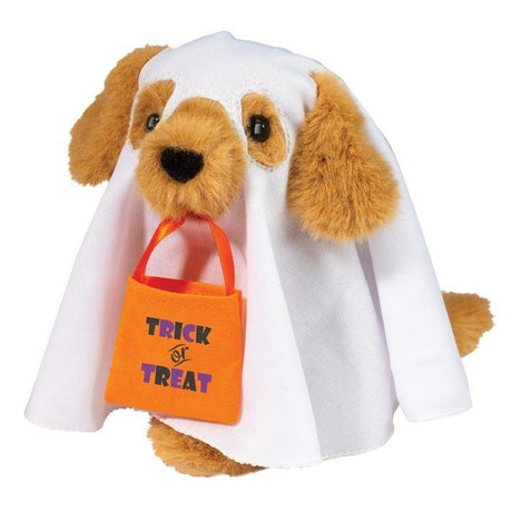 Golden Retriever Ghostly plush dog in a ghost costume holding an orange trick-or-treat bag for Halloween.