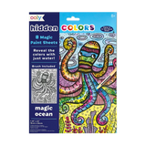 Hidden Colors Magic Ocean with 8 water reveal paint sheets featuring ocean creatures and a paintbrush for ages 8 and up.