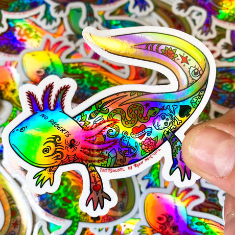 Tattsolotl Tattooed Axolotl Sticker with colorful tattoo designs, durable, waterproof, and UV protected premium vinyl decal.