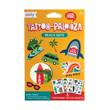 Beach Days Tattoos with colorful and black-and-white temporary tattoo sheets featuring silly beach designs for kids.
