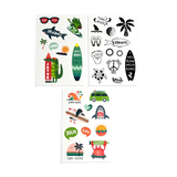 Beach Days Tattoos temporary tattoo sheets with colorful and black-and-white silly beach-themed designs for kids.