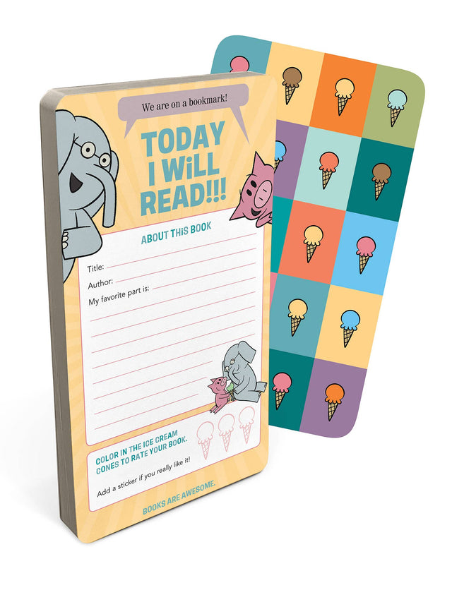 Elephant and Piggie jumbo bookmark pad with colorful ice cream stickers and space to write about books for kids.