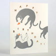 Happy Birthday Cats Card featuring playful cats and letter-pressed design, perfect for cat lovers' birthday wishes.