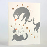 Happy Birthday Cats Card featuring playful cats and letter-pressed design, perfect for cat lovers' birthday wishes.