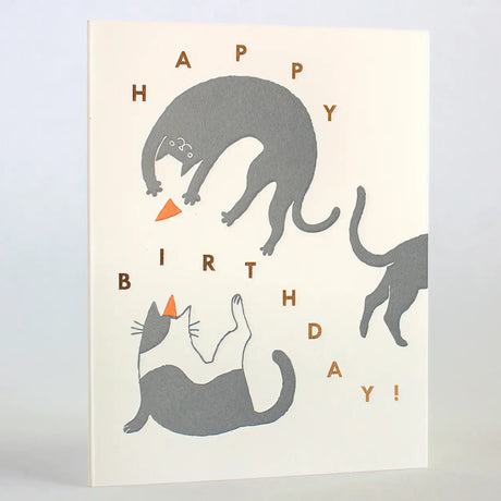 Happy Birthday Cats Card featuring playful cats and letter-pressed design, perfect for cat lovers' birthday wishes.