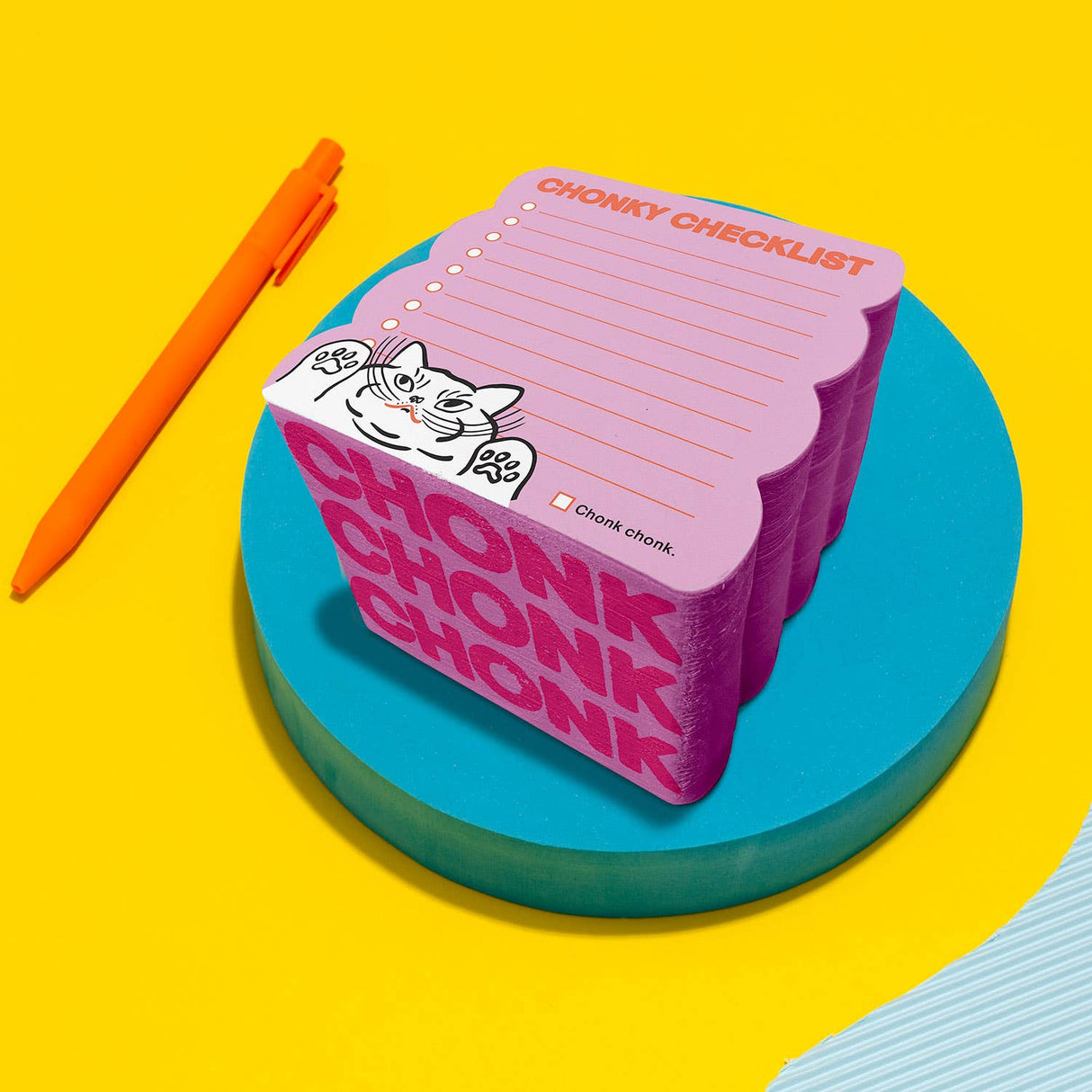 Chonky Notes notepad with scalloped edges and cat illustration, perfect for lists and doodles on a bright background