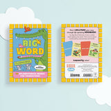 Brightly colored flashcard deck titled Big Word with playful illustrations of animals and birds on front and descriptive text on back