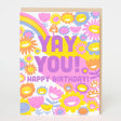 Yay You! Birthday Card with colorful smiling flowers and a rainbow, letter-pressed in the USA by Egg Press.